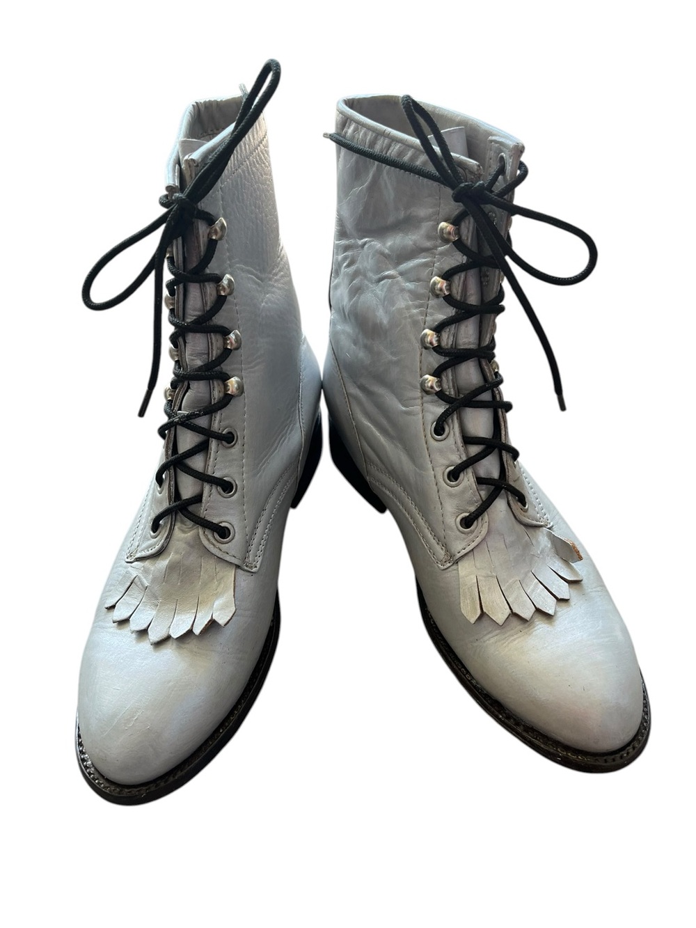 Vintage Cowtown Silver Gray Leather Western Lace Up Kiltie Boots Fringe Size 6.5
